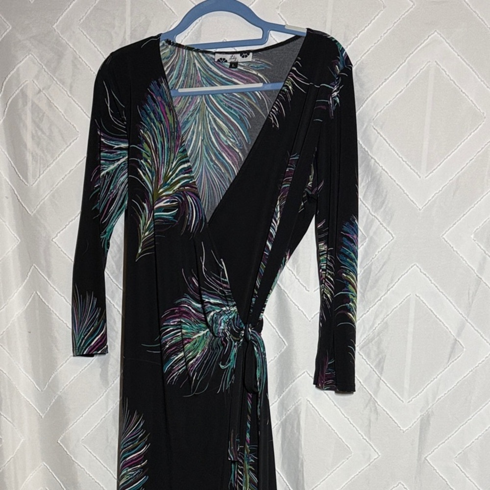 Lily Black Long Sleeve Dress with Colorful Feather Design